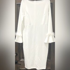 Elegant White Asymmetrical Sleeve Dress with Feather Trim